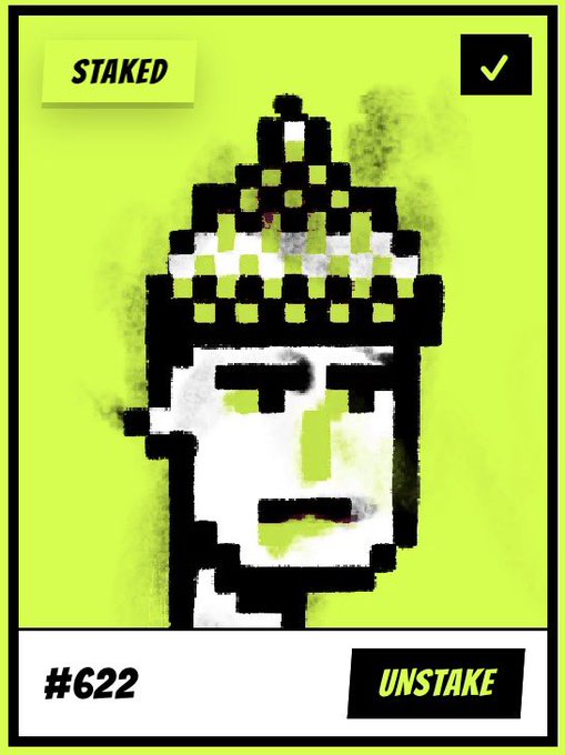 A pixel art card with a neon yellow-green background showing a black and white face, labeled 'STAKED' at the top and '#622 UNSTAKE' at the bottom.