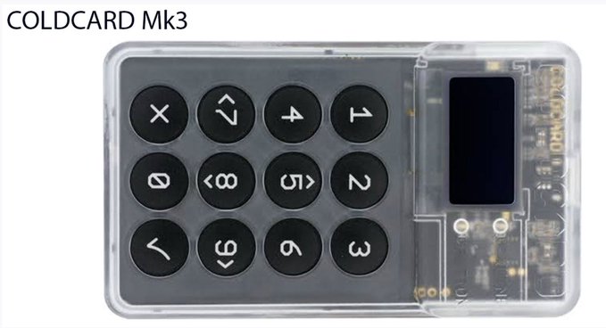 The image shows a COLDCARD Mk3 hardware wallet, with a 12-key numeric keypad labeled 1–9, 0, and symbols such as × and checkmarks. It relates to the post’s discussion of a security failure and theft involving Coldcard despite users following self-custody precautions.