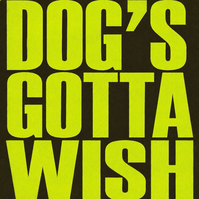 The image features bold, stacked neon green text on a dark background that reads "DOG'S GOTTA WISH." The chunky, oversized typography visually reinforces the accompanying post title "Dog's gotta wish."