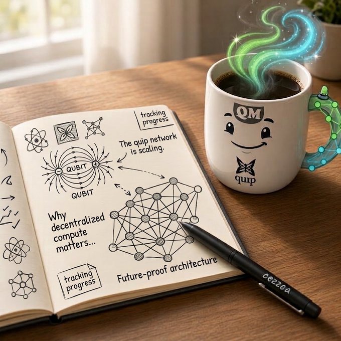 A notebook with sketches of qubits, network nodes, and text like 'The quip network is scaling' and 'Why decentralized compute matters...' sits next to a 'quip' branded mug emitting stylized green and blue steam.