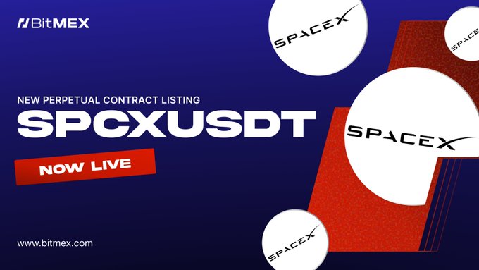 The image features a blue background, with text overlaying various elements such as circles and letters in different colors. The primary focus of the image is an advertisement for a company named "SPCXUSDT" that has recently launched on BitMEX. This perp offers up to 5x leverage, making it suitable for high-potential investors looking for a significant return on their investment.