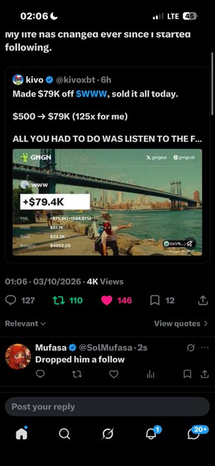 A mobile screenshot of a post by user @kivoxbt stating 'Made $79K off $WWW, sold it all today' with a chart showing a stock price increase to +$79.4K.