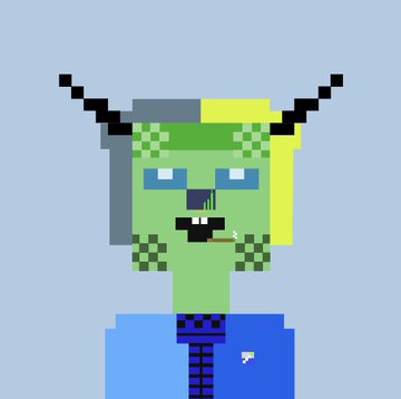 A pixel art portrait of a green-skinned character with gray and yellow hair, horns, blue eyes, and a cigarette in its mouth, wearing a blue jacket.