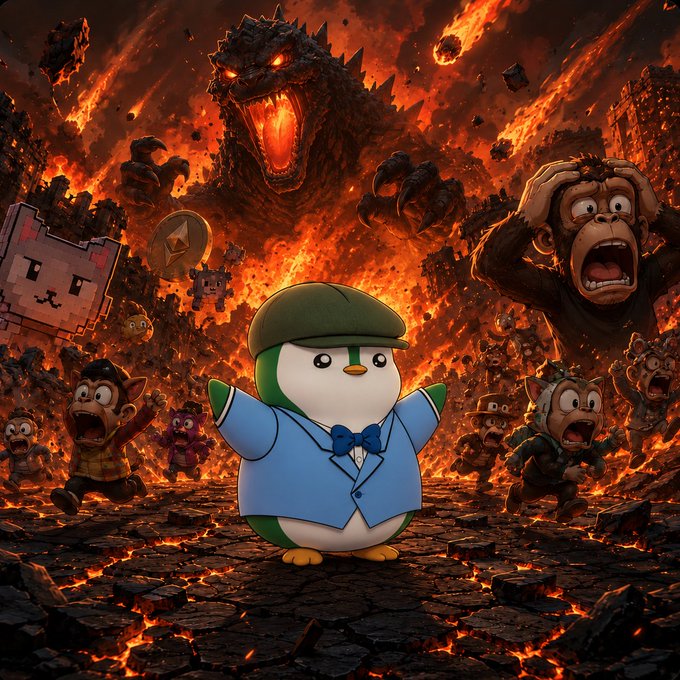 A small penguin-like character in a blue suit and green cap stands calmly in the center foreground, surrounded by a chaotic apocalyptic scene of fire, lava, a giant roaring Godzilla-like monster, and panicked cartoon characters fleeing in terror. The humorously ironic caption "Lil's stay chill" contrasts the character's zen composure against the literal hellscape unfolding behind them.