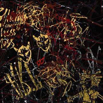 The image shows a chaotic, abstract painting featuring layered yellow and red scribbles and figure-like forms against a black background, with partially legible text including "being" and "ness" visible in the upper left. The artwork visually echoes the post's themes of artistic struggle, loneliness, and bleeding emotion through its raw, frenetic energy—translating the introspective pain of creation into bold, expressive marks.
