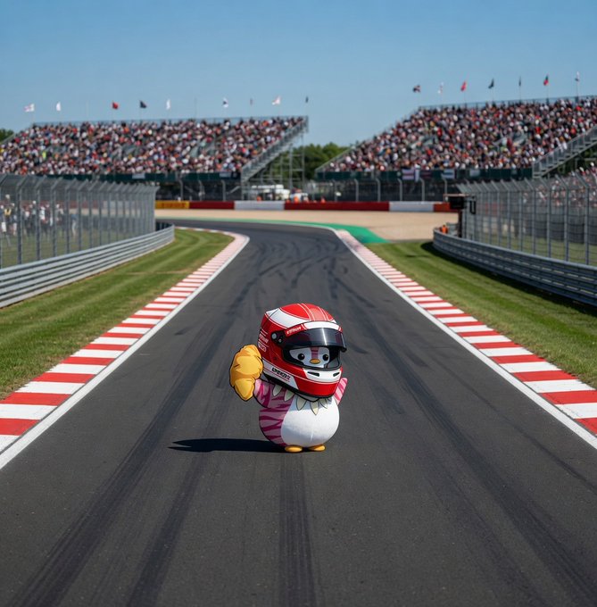 The image features a red and white penguin mascot standing on an asphalt race track with a crowd watching from behind a fence. The penguin mascot appears to be holding a trophy, possibly indicating that he has won a competition or achieved something significant. The post about GM Happy XP Day seems to be related to the event where the penguin mascot was participating in, as it mentions wanting to see how much XP one will get after playing a lot of @MoodyMights this week.