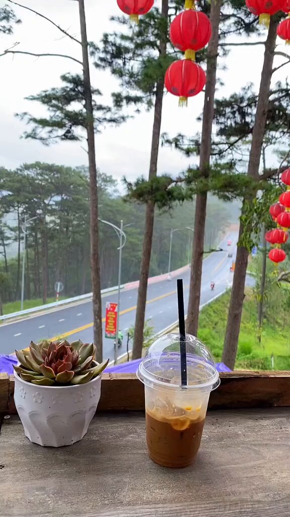 The image features a view of trees from an elevated position with a cup of coffee sitting next to a potted plant. The coffee appears to be iced, suggesting that it might have been freshly prepared or served recently. The scene also includes a red lantern hanging in front of the trees and a street sign nearby. The post seems to be about travel tips for Vietnam, possibly providing information on local attractions, transportation options, or other useful advice for travelers exploring the country.