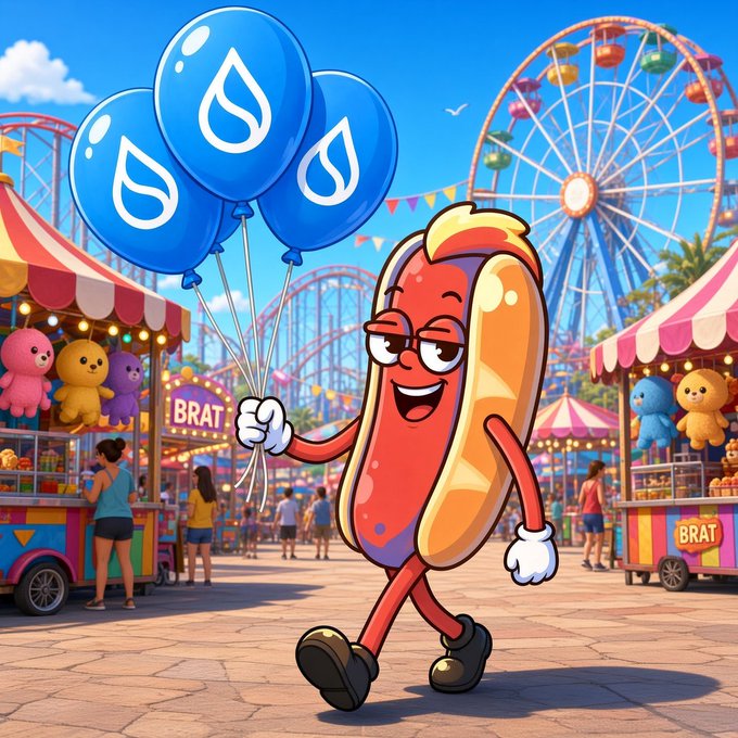 A cartoon anthropomorphic hot dog with glasses walks through a vibrant amusement park, holding blue balloons with water droplet logos, with 'BRAT' signs visible on carnival stalls.