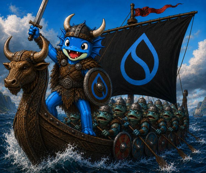 A fantasy illustration of a blue axolotl warrior in a horned Viking helmet riding a Viking longship, leading an army of small green creatures rowing through choppy seas, with a black sail bearing a blue water-drop logo.