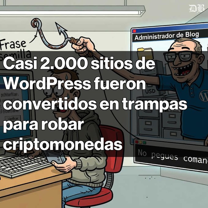 A cartoon illustration showing a hacker holding a fishhook behind a man at a computer, with Spanish text reading 'Casi 2.000 sitios de WordPress fueron convertidos en trampas para robar criptomonedas' (Nearly 2,000 WordPress sites were turned into traps to steal cryptocurrencies).
