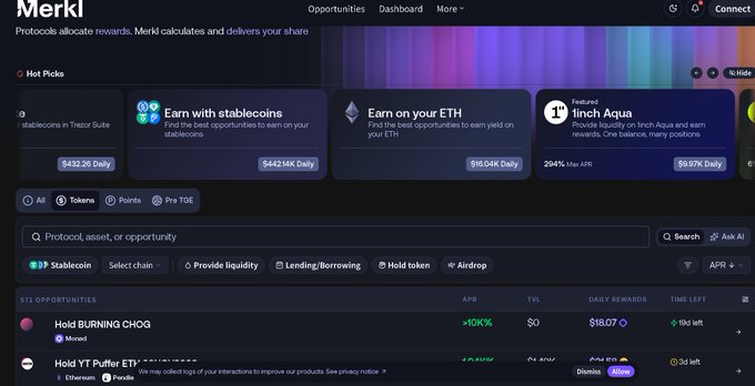 Merkl's DeFi opportunities dashboard displays earning options including stablecoins, ETH yields, and featured 1inch Aqua liquidity rewards, with BURNING CHOG offering 10,000%+ APR and YT Puffer ETHI also listed. The image aligns with the post by showcasing the variety of on-chain yield opportunities available, with sortable metrics like APR, TVL, and daily rewards visible to help users assess potential earnings.