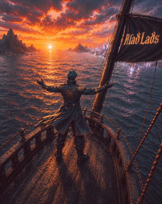 A cinematic digital artwork showing a figure in a long dark coat standing at the bow of a wooden ship with arms outstretched toward a sunset over the ocean, with a black sail reading 'Mad Lads' in orange text.