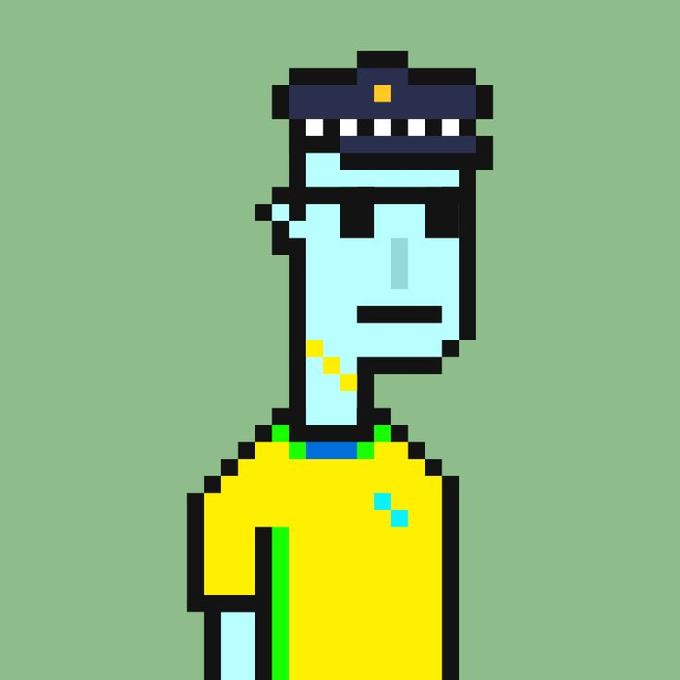 A pixel art character with a tall blue head, black top hat featuring a gold emblem and white teeth-like design, and a yellow shirt is displayed against a green background. The image appears to be a promotional visual for a giveaway post offering 40X Whitelist spots, where participants must follow, like, retweet, and submit their EWM wallet to enter.