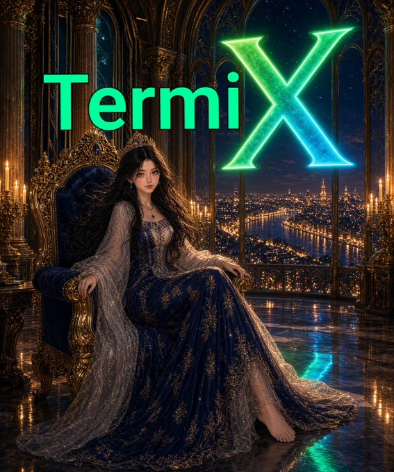 An AI-generated image displays the text 'TermiX' in bright cyan neon letters above an illustration of a woman in a blue gown sitting on a throne.