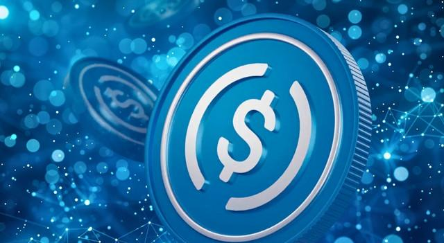 A glowing blue USDC coin floats against a sparkling, networked background, symbolizing digital finance—perfectly illustrating Circle's new service that allows institutions to borrow USDC stablecoin using their Bitcoin holdings as collateral.