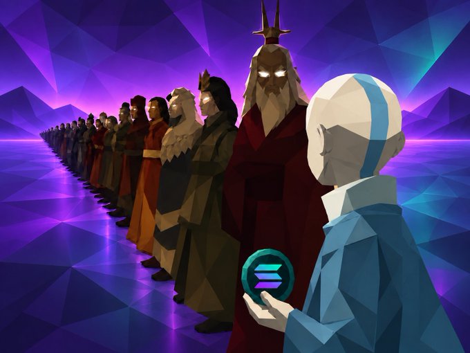 A stylized digital illustration showing a long line of various avatar characters, with a foreground character in blue holding a glowing green Solana (SOL) token.