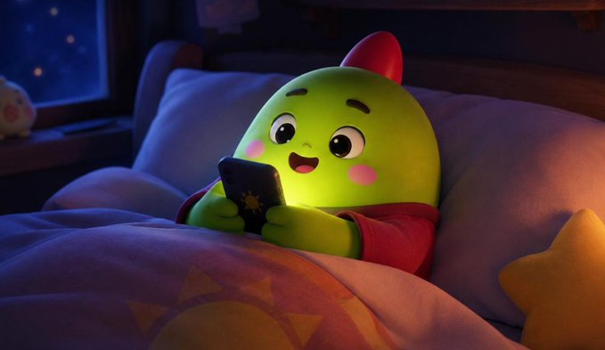 A green dinosaur character snuggles under blankets while scrolling on a smartphone in bed at night, ignoring a sleep coach's advice—capturing the relatable struggle of late-night phone use that the post uses to highlight Sleepagotchi's role in building consistent sleep habits.