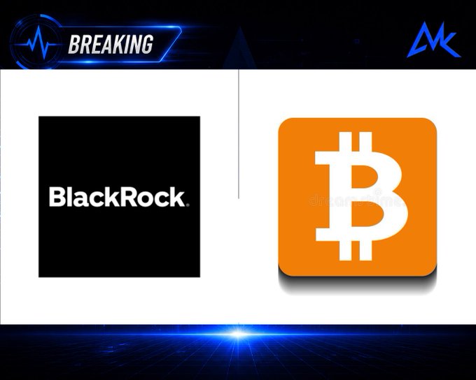 A breaking news graphic displays the BlackRock logo alongside the orange Bitcoin (₿) logo on a blue digital background.