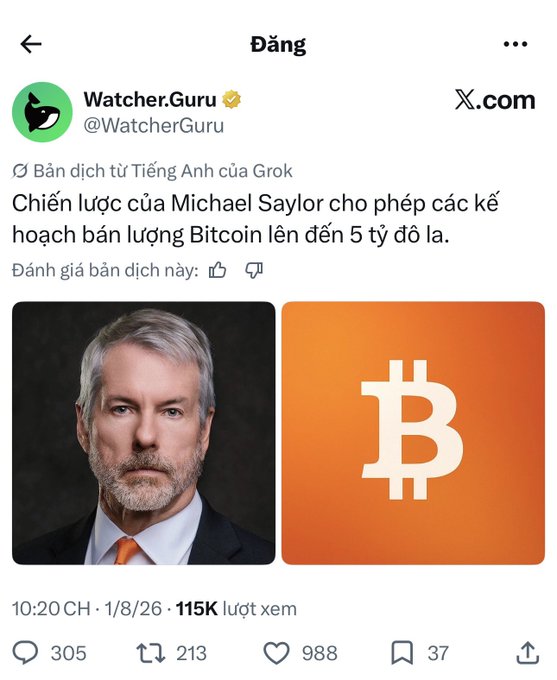 A screenshot of an X.com (Twitter) post from 'Watcher.Guru' (@WatcherGuru) translating a Grok post about Michael Saylor's strategy allowing Bitcoin price forecasts up to $5 billion, featuring his portrait next to a Bitcoin logo.