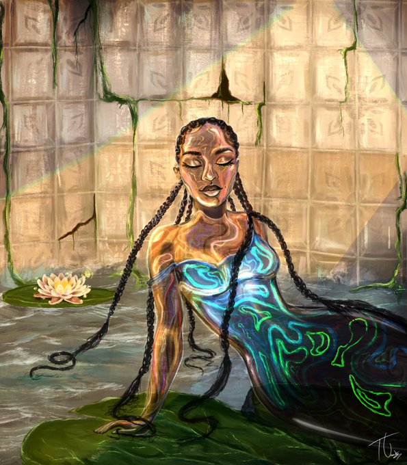 A digital painting of a woman with long braided hair wearing a glowing, iridescent mermaid-like outfit, posed in a watery environment with lily pads and stone walls.