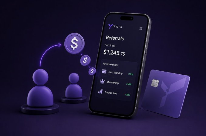 A 3D promotional graphic for the TRIA app showing a smartphone with a Referrals page displaying $1,245.75 in earnings, alongside a credit card and purple figures representing referral revenue.