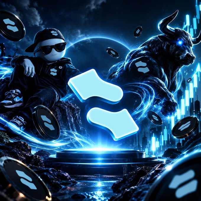 A 3D digital illustration featuring the Sleuth mascot in sunglasses and a cap sitting next to a glowing blue bull, surrounded by floating Sleuth tokens and a futuristic city skyline.