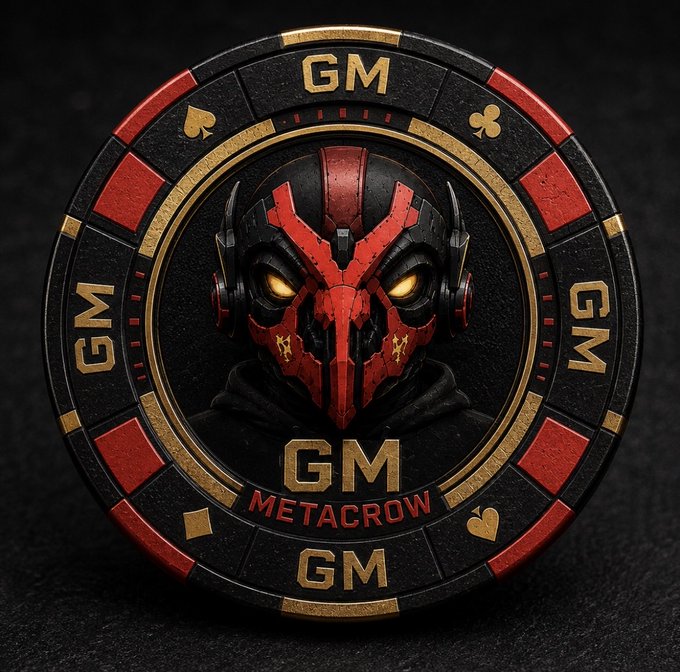A casino-style chip featuring a red and black robotic or cyborg character design, surrounded by the letters 'GM' and the text 'METACROW' on the rim.