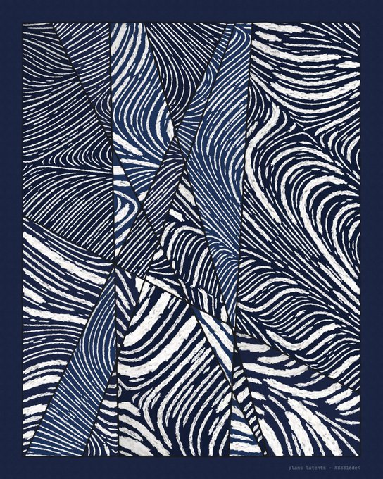 An abstract geometric design featuring flowing white wave-like lines on a dark navy background, labeled 'plans latents' at the bottom.