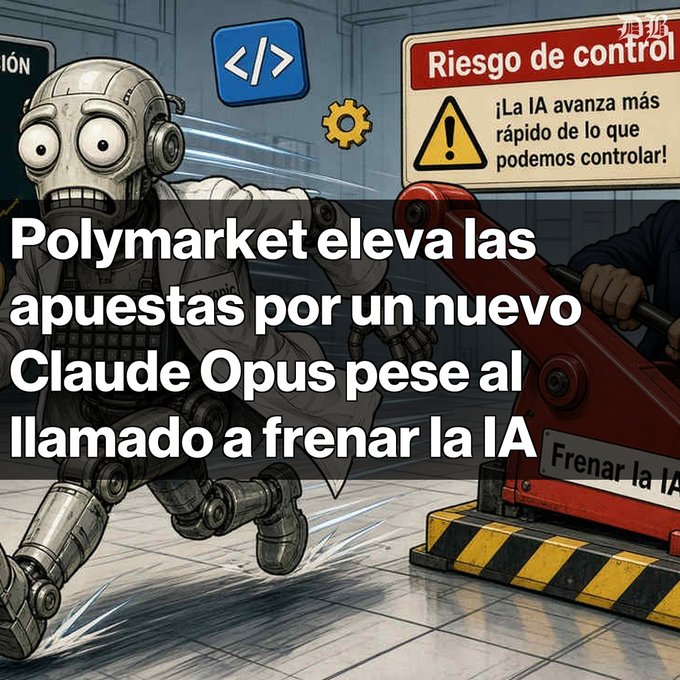 An illustrated graphic featuring a robot character with Spanish text reading 'Polymarket eleva las apuestas por un nuevo Claude Opus pese al llamado a frenar la IA' alongside a warning sign that says 'Riesgo de control - ¡La IA avanza más rápido de lo que podemos controlar!'.