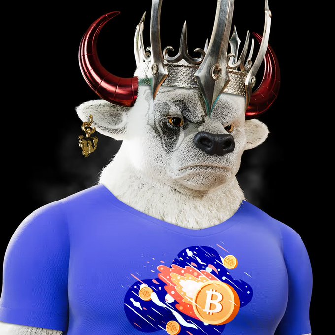 A digitally rendered white cow-like character wearing an ornate silver and red horned crown, a gold earring, and a blue t-shirt featuring a Bitcoin graphic.