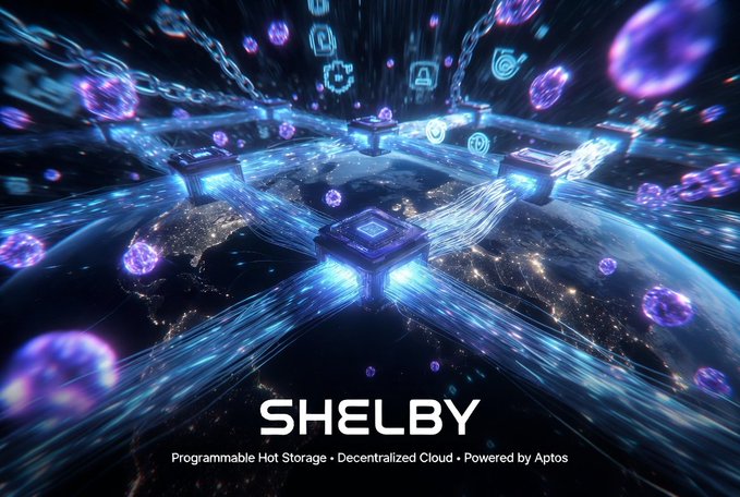 A promotional graphic for 'SHELBY - Programmable Hot Storage · Decentralized Cloud · Powered by Aptos' showing futuristic glowing cubes connected by light streams orbiting Earth against a purple cosmic background.
