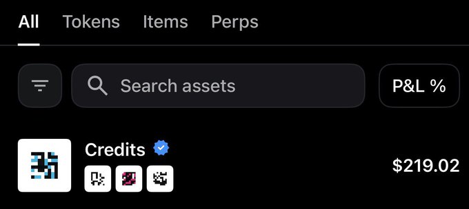 A mobile app interface showing tabs for All, Tokens, Items, and Perps, with a search bar and a 'Credits' asset priced at $219.02.