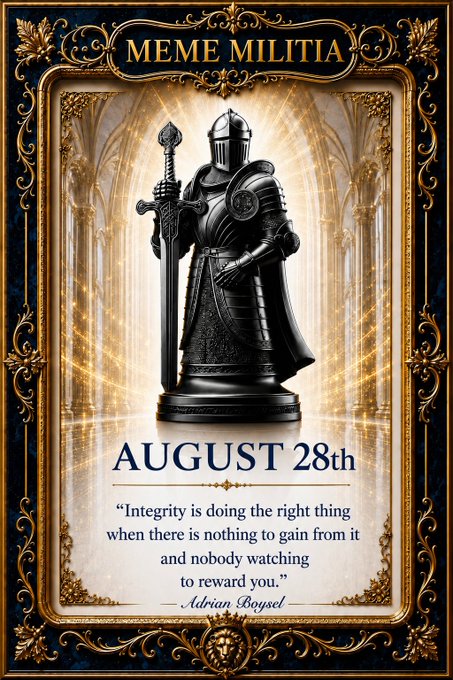 Decorative poster titled 'MEME MILITIA' dated August 28th, featuring a black knight statue holding a sword with the quote 'Integrity is doing the right thing when there is nothing to gain from it and nobody watching to reward you.' by Adrian Boysel.