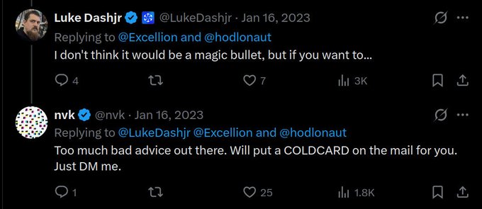 A screenshot of a Twitter exchange between Luke Dashjr and @nvk from January 16, 2023, where Dashjr warns that something "wouldn't be a magic bullet," prompting nvk to reply offering to send him a COLDCARD hardware wallet after too much bad advice in the space. The caption context ("Luke: loses 200 BTC / nvk: let me send you a Coldcard") humorously highlights the irony of Dashjr—the Bitcoin developer known for emphasizing security—needing a hardware wallet himself.