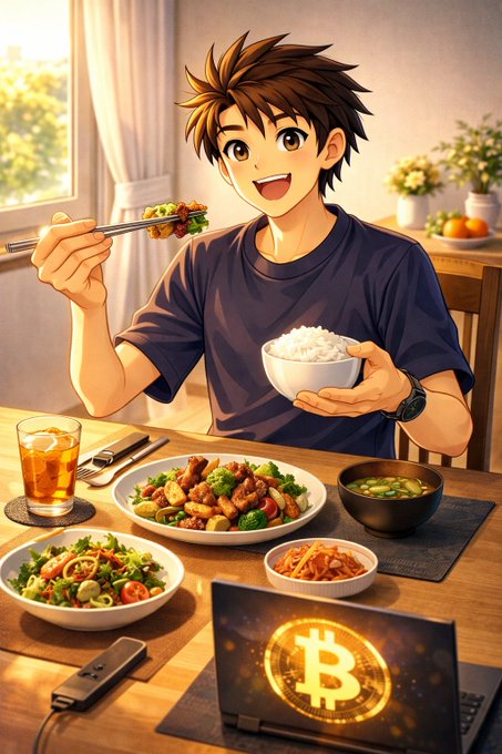 An anime-style illustration of a smiling young man eating a meal with chopsticks, with a laptop displaying the Bitcoin (₿) logo on the table alongside various dishes and iced tea.