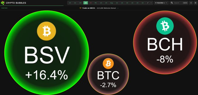 A screenshot of 'Crypto Bubbles' showing BSV at +16.4% (green), BTC at -2.7% (orange), and BCH at -8% (red).