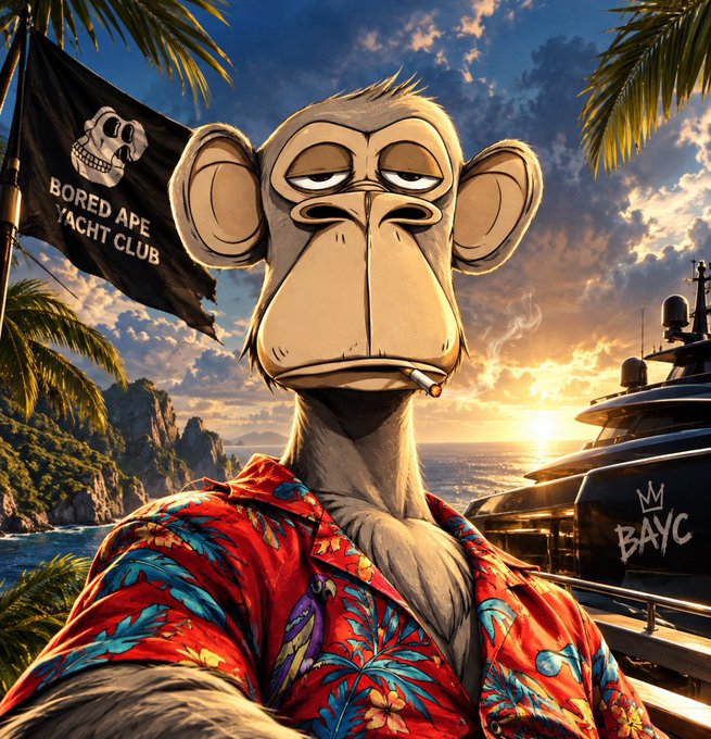 A digital artwork of a bored-looking monkey character wearing a colorful Hawaiian shirt, smoking a cigarette, with a 'BORED APE YACHT CLUB' flag and a yacht in the background.