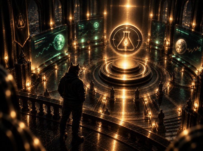 A dark, mystical digital artwork depicting a hooded figure with animal ears overlooking a glowing golden chamber featuring a central alchemical symbol and surrounding screens displaying moon-like imagery.