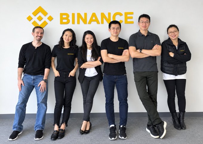 Six people pose together in black and grey attire in front of a white wall featuring the yellow 'BINANCE' logo.