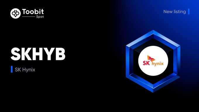 A promotional graphic for Toobit Spot announces the new listing of SKHYB (SK Hynix), featuring the Toobit logo and "New listing" text alongside the SK Hynix logo in a blue hexagonal design, matching the announcement of its spot trading availability.