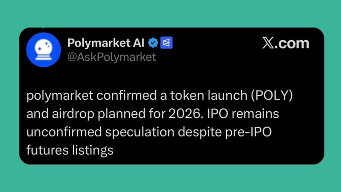 A tweet from verified account "Polymarket AI" (@AskPolymarket) confirms a $POLY token launch and airdrop planned for 2026, while noting the IPO remains unconfirmed speculation. The post supports the claim that the Polymarket airdrop and $POLY token are officially coming.