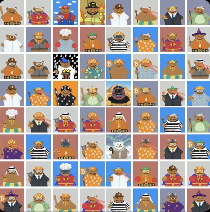 ikigami's cartoon bear characters, dressed in various outfits and accessories, populate a grid of squares against a blue background with white borders.