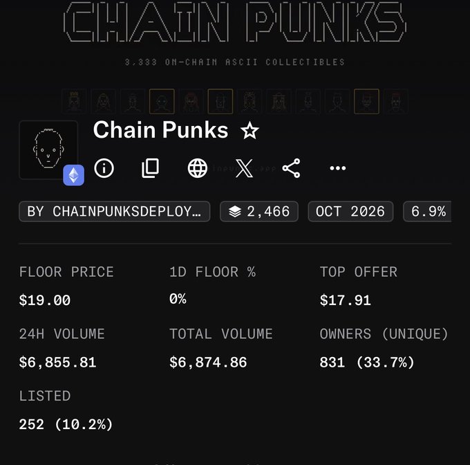 A crypto/NFT collection page titled 'Chain Punks' displaying stats: floor price $19.00, 24H volume $6,855.81, total volume $6,874.86, 831 owners, and 252 listed.