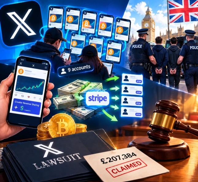 A graphic collage depicting an X (Twitter) lawsuit scene with the X logo, Bitcoin coins, Stripe payments, a £207,384 claimed amount, police arrests near Big Ben with a UK flag, and Creator Revenue Sharing on a phone.