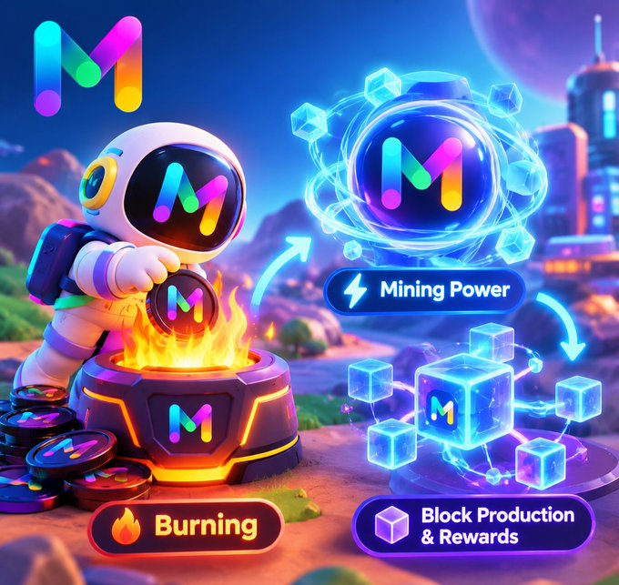 A colorful crypto promotional graphic featuring an astronaut character with an 'M' logo, illustrating 'Burning', 'Mining Power', and 'Block Production & Rewards' processes.
