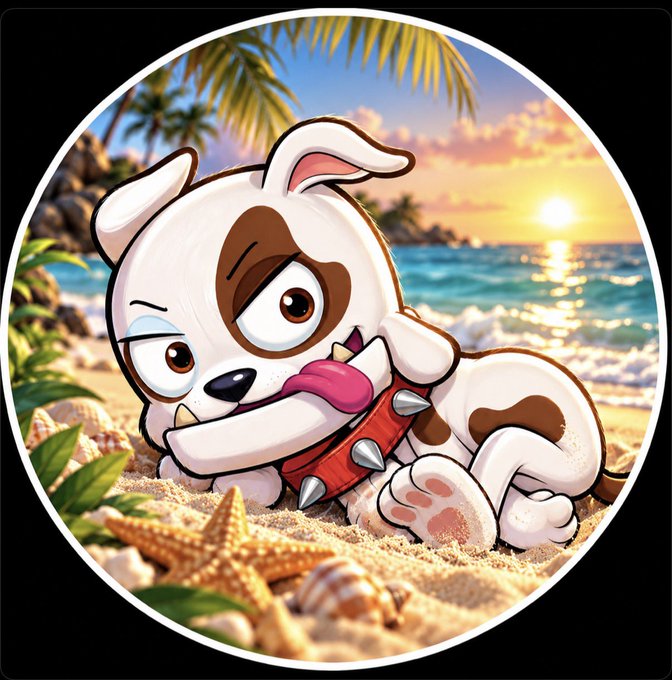 A circular digital illustration of a cartoonish brown and white dog with a grumpy expression, wearing a red spiked collar and holding a white bone, set on a beach with a starfish and tropical sunset.