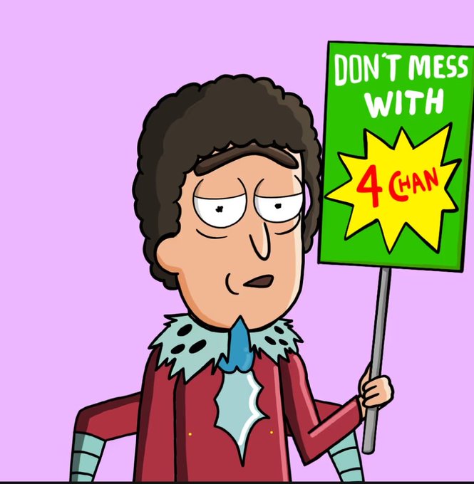 A cartoon illustration of a disheveled character with curly brown hair holding a green sign that reads 'DON'T MESS WITH 4CHAN' against a pink background.
