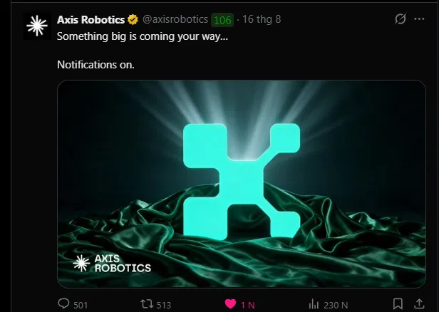 A Twitter post by @axisrobotics announcing 'Something big is coming your way... Notifications on.' alongside a glowing cyan logo of Axis Robotics on a dark, silky fabric background.