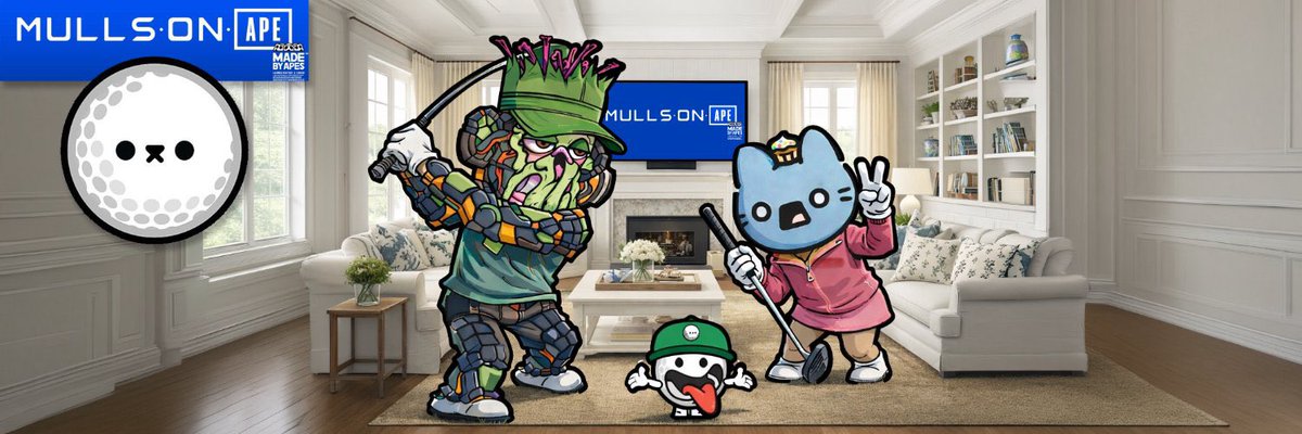 A 'MULLS·ON APE' promotional banner features cartoon characters (a green-headed ninja, a blue cat, and a small turtle mascot) playing golf on a rug inside a luxurious living room, with the logo displayed on a TV screen.