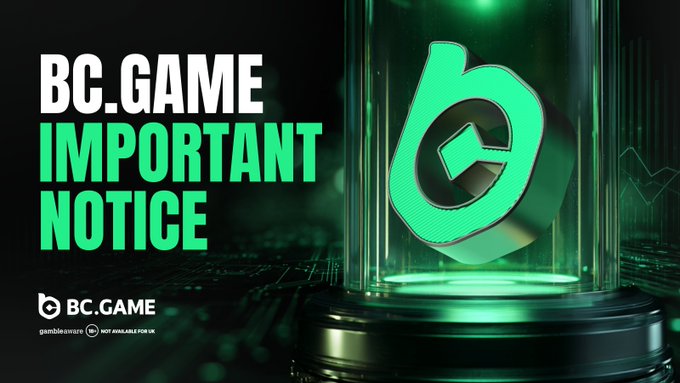 The image features a poster or banner that reads "BC.GAME Important Notice" written in white text against a black background, with an illustration of a glass jar containing a green object inside. The caption below the illustration states that the BC.GAME deposit campaigns are being discontinued and will be replaced by new rewards with higher benefits for all users.